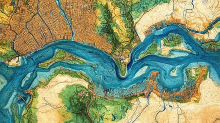 Obraz premium Detailed map of a city and river system. Complex waterways winding through urban sprawl