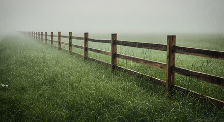Obraz premium Rustic Wooden Fence Bordering a Misty Green Meadow in Rain