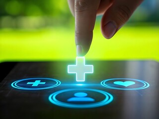 A hand interacts with a glowing plus sign on a digital tablet surrounded by other app icons representing 180 digital interactions