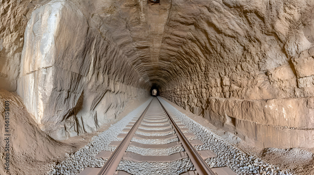 Poster Dramatic perspective of a railway tunnel carved through rock, showcasing the raw texture of the stone walls and the railway tracks extending towards a distant light.