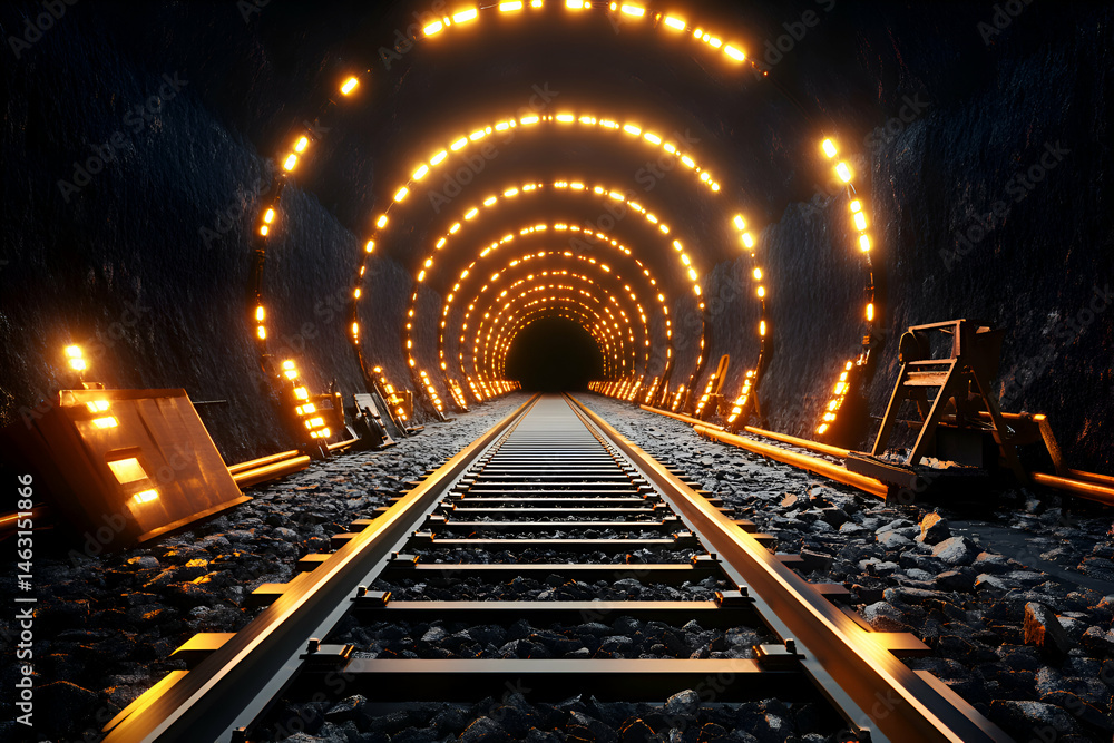 Poster a stunning 3d rendering of a railway tunnel illuminated with warm, orange lights. the tunnel stretch