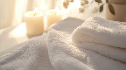 Luxurious Spa Setting with Warm Towels and Candlelight for Relaxation and Wellness in a Calm and Cozy Environment with Natural Light and Aromatherapy Elements