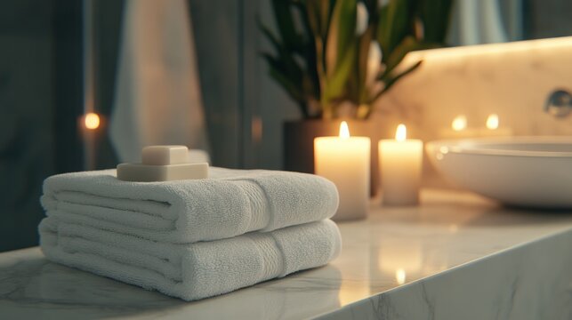 Luxurious spa setting with neatly folded white towels candles and relaxing ambiance in calming bathroom with soft lighting and elegant decor for relaxation