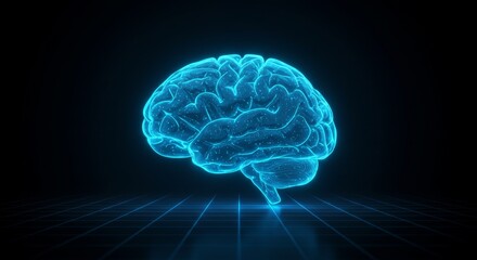 Futuristic Glowing Digital Brain Hologram on Dark Tech Background