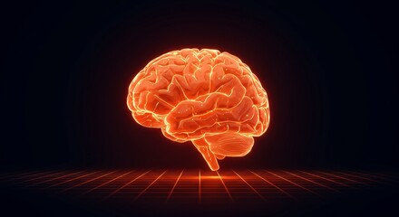 Glowing Orange Futuristic Brain Hologram on Dark Grid Background