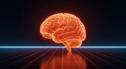 Glowing Orange Futuristic Brain Hologram on Dark Grid Background