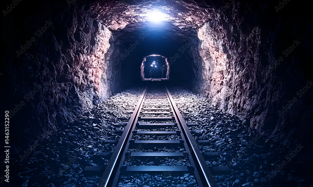 Poster dark mine tunnel with railway tracks leading to a distant light. mysterious and atmospheric image pe