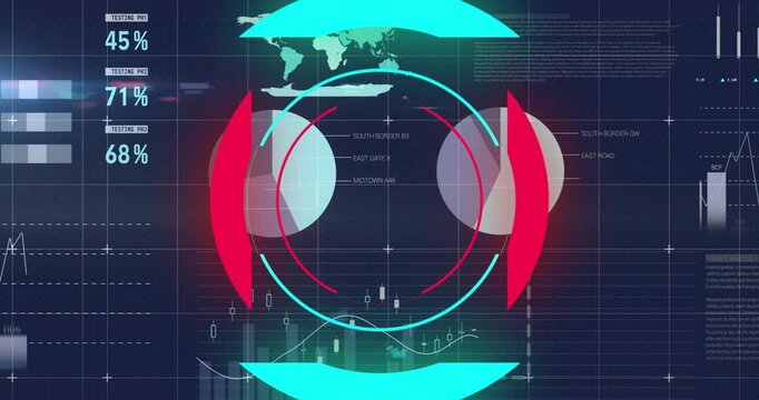 Central circular data visualization spinning on HUD grid, showing testing panels and bar charts