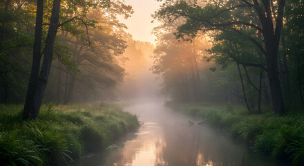 Fototapeta premium Misty Morning River Scene Through Forest Trees With Sunlight Shining Through