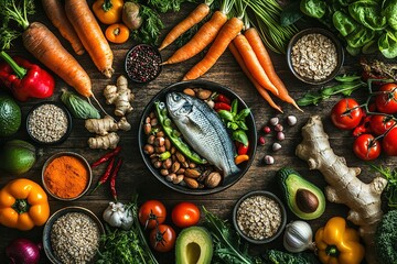 An array of fresh, organic food including fish, fruits and vegetables on rustic wooden background. A bowl with mixed nuts sits in the center surrounded by various other foods such as carrots