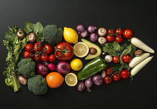 An array of fresh vegetables and fruits, including avocados, tomatoes, lemons, mushrooms, broccoli, red onion, green bell pepper, and garlic, arranged in the shape of an arrow pointing on a black