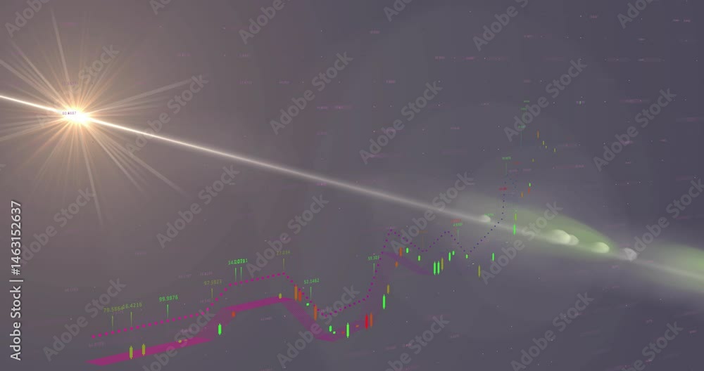 Poster lens flare streaming right over 3d candlestick chart visualizing financial data in gradient render