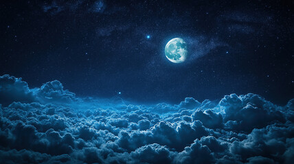 Stars shining brightly in the night sky with the moon and soft clouds adding to the tranquil scene