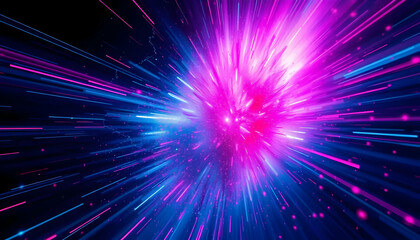 Abstract Digital Art with Explosive Pink and Blue Light Starburst Effect on Black Background Featuring Dynamic Streaks and Modern Design