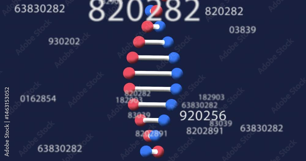 Poster stylized molecular ladder rising in dark navy 3d render, with floating white numeric codes around