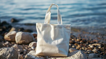 white tote bag placed on beach rocks,blurry beach and sea water background,white,bag,sky
