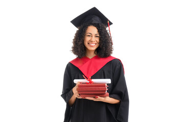 Pretty African-American female graduate with diploma and books on white background