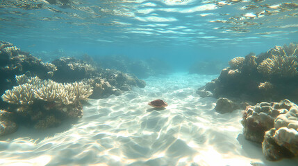 Obraz premium Serene underwater scene showcasing vibrant coral reef and a single seashell resting on a sandy ocean floor. Sunlight filters through the crystal-clear water.
