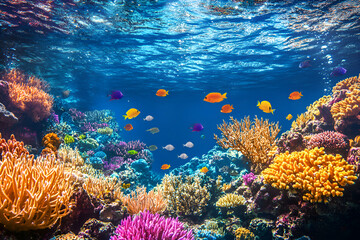 Obraz premium Vibrant coral reef teeming with colorful fish, a breathtaking underwater scene showcasing marine biodiversity.