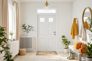 A warmly lit entryway showcases a traditional console table with decorative plants and a vintage brass light fixture.