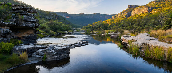 Fototapeta premium Serene River Valley Landscape With Reflections