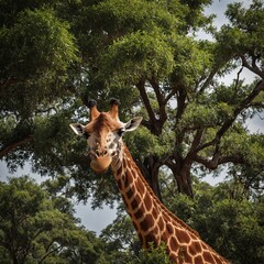 Fototapeta premium Giraffe Eating Leaves From a Tall Tree