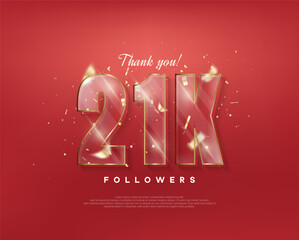 21k followers celebration. with glass figures on a red background.
