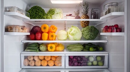 Well-stocked refrigerator featuring fresh vegetables, fruits, and containers on shelves