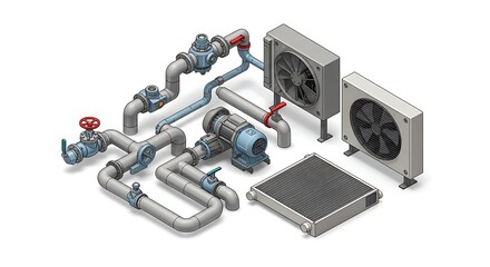 Isometric View of HVAC System with Pipes, Motor, Radiator, and Fan Units