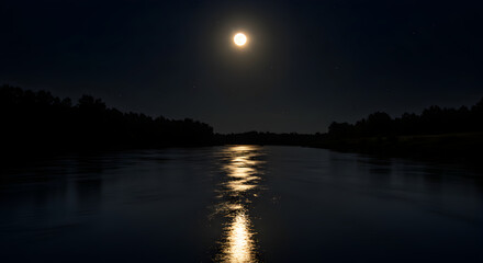 Obraz premium Moonlit River Scene Reflecting The Sky At Night With Trees Around