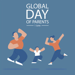 illustration vector graphic of both parents and child jump together, perfect for international day, global day of parents, celebrate, greeting card, etc.