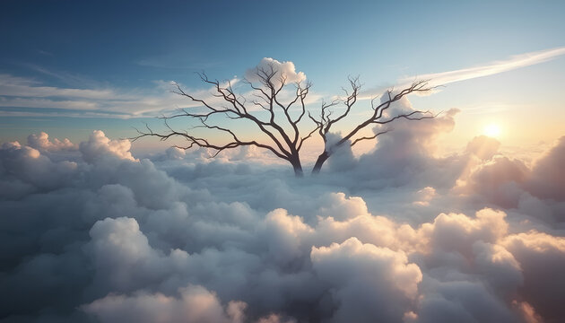 Magical morning scene where clouds form the shape of a giant tree with branches stretching across the sky