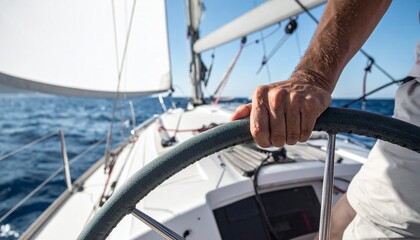 舵を握る手元と白い帆が風を受けて膨らみ、ロープが躍動するセーリング中のクローズアップ。海を駆け抜ける感覚が感じられる瞬間

