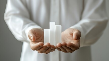 Caucasian Hands Holding White Bar Chart Columns, Showing Growth and Progress
