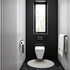 Obraz premium A modern, minimalist bathroom features a white toilet against dark gray walls.