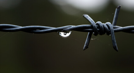 Glistening Globe A Water Drop Clings to Barbed Wire Fence Outdoors
