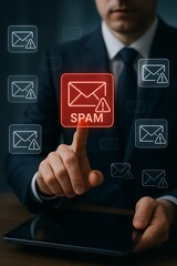 Businessman Identifying and Blocking Spam Emails on Virtual Interface with Red Warning Icons – Cybersecurity and Email Protection Concept