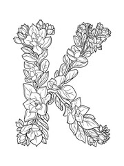 Letter K Flower Monogram – Coloring Page Design