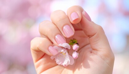 優雅な桜の花と手元、春の日差しがパステルカラーを透過し、指先の美しいネイルとともに心地よい春の気配を感じさせる瞬間

