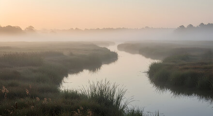 Fototapeta premium Serene Dawn Mist Envelops Tranquil River Flowing Through Grassy Marshland