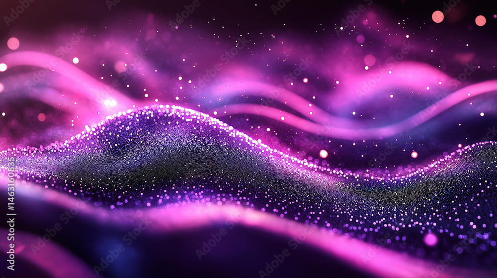 Poster digital purple wave of particles and light with shimmering dots and star effects in abstract backgro