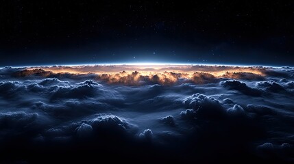 Naklejka premium A stunning view of a cosmic horizon above a sea of clouds illuminated by soft light.