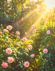 Glowing Sunlight in Pink Rose Garden – Serene Morning Landscape