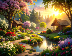 Tranquil Lakeside Cottage in Spring Garden – Fantasy Nature Art