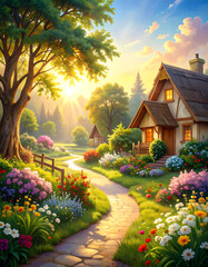  Cozy Spring Cottage with Blooming Garden – Whimsical Landscape Art