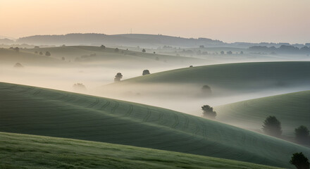 Gentle Sunlight Illuminates Rolling Hills Embraced By Morning Mist Landscape