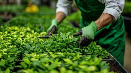 Gardener Trimming Seedlings in Greenhouse Nursery
