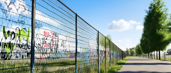 Graffiti Covered Metal Fence By Trees With Sunny Sky