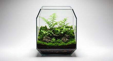 terrarium in a glass container with various plants on a white background