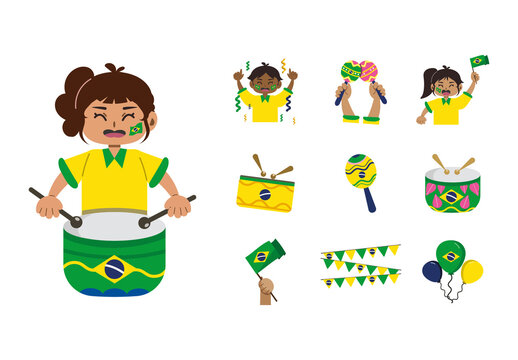 Colorful Brazil Day Festival Culture Celebration Icons Set